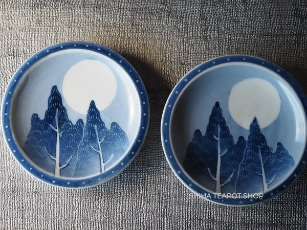 Japanese Antique Blue & White Small  Porcelain Plate Moon Forest (2pcs)