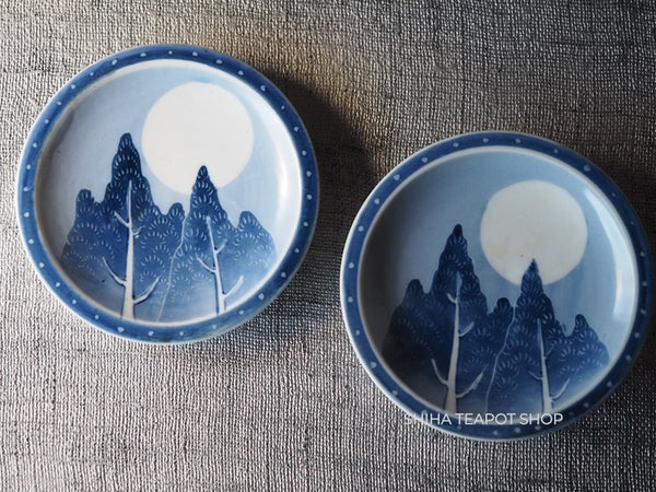 Japanese Antique Blue & White Small  Porcelain Plate Moon Forest (2pcs)