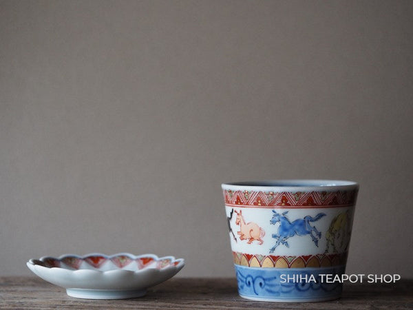 Hand Paint Horses Arita Porcelain Cup Tea Set (with Wood Box)