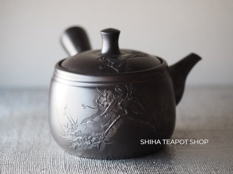 Hakudo & Shoson Masters Collaboration in Showa Era Black Teapot Bird with plum - Vintage