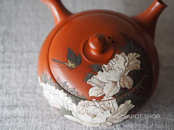 Kodo Yoshikawa Hand Caving Peony Red  Clay Teapot 常滑壺堂 KD76