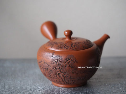 The Lan Ting Qu Shui KD33 Kodo Red clay Hand Engraved carving Kyusu Teapot