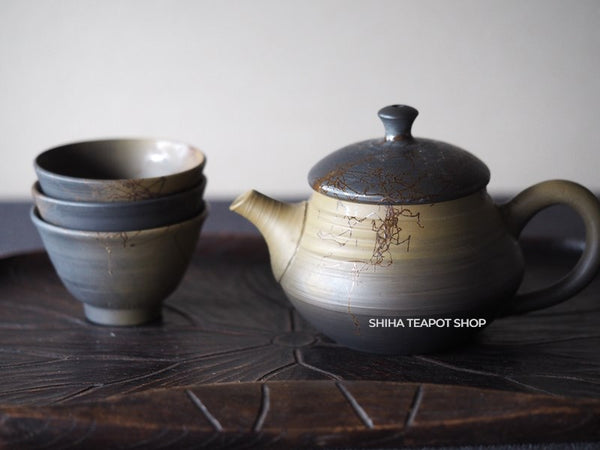 Hakusan Seaweed Green Smoked Black Kyusu and Cup Set 白山常滑