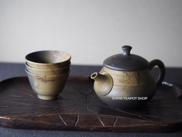 Hakusan Seaweed Green Smoked Black Kyusu and Cup Set 白山常滑