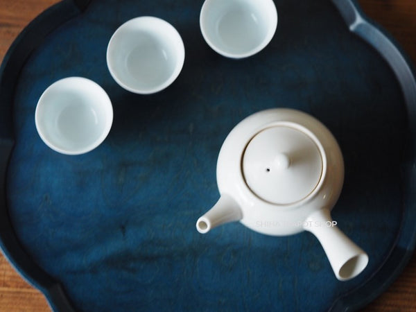 Blue Floral-Shaped Wood Tray for Teatime, Indigo Blue