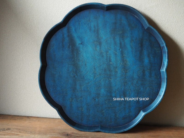 Blue Floral-Shaped Wood Tray for Teatime, Indigo Blue