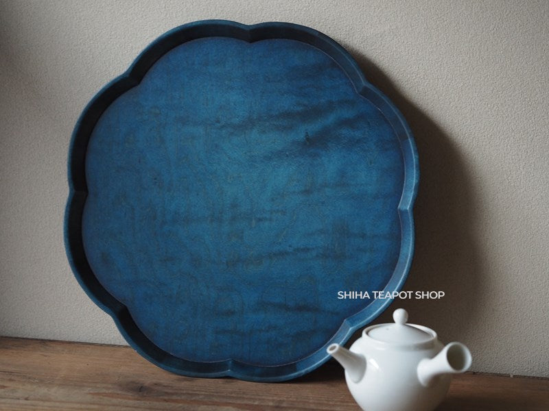 Blue Floral-Shaped Wood Tray for Teatime, Indigo Blue