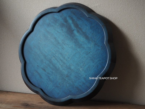 Blue Floral-Shaped Wood Tray for Teatime, Indigo Blue