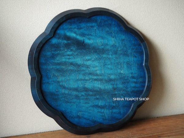 Blue Floral-Shaped Wood Tray for Teatime, Indigo Blue