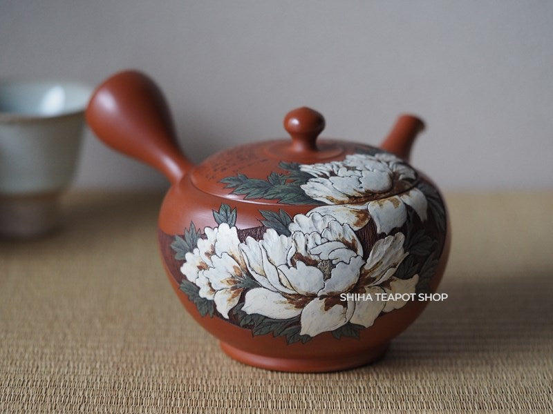 Kodo Yoshikawa Hand Caving Peony Red  Clay Teapot 常滑壺堂 KD30