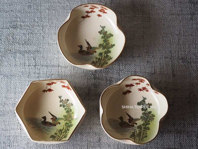 Japanese Antique Small Plate Dish Satsuma Style Bird and Maple #31 (3pcs set)