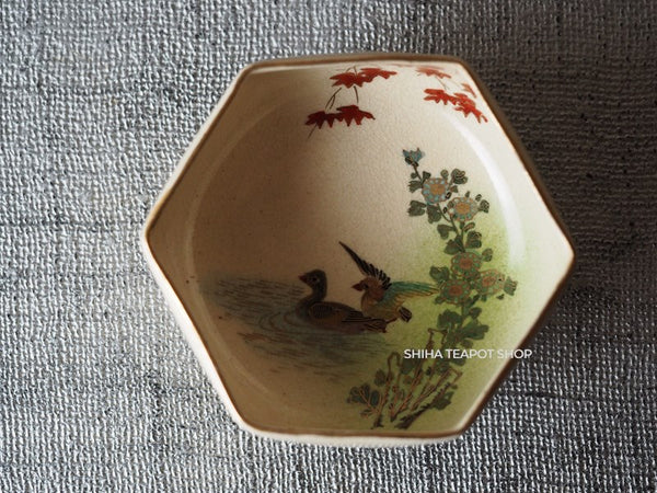 Japanese Antique Small Plate Dish Satsuma Style Bird and Maple #31 (3pcs set)