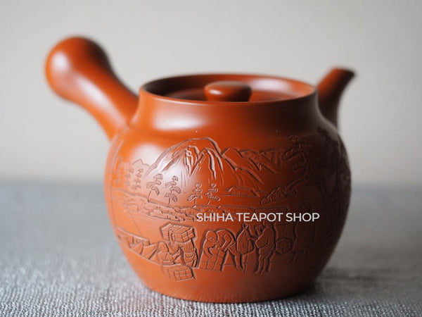 Umehara Soukou Red Clay Deep Hand Carving Tokoname Teapot 宗弘