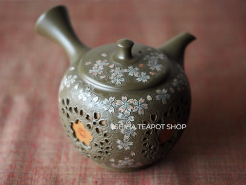 Shunen II Double Wall Lacy Sakura Green Clay Kyusu Teapot SH56