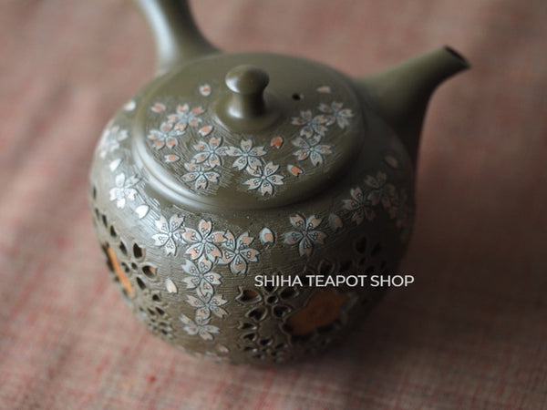 Shunen II Double Wall Lacy Sakura Green Clay Kyusu Teapot SH56