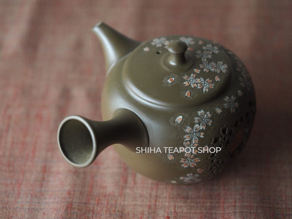 Shunen II Double Wall Lacy Sakura Green Clay Kyusu Teapot SH56