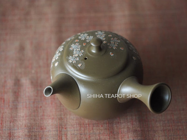 Shunen II Double Wall Lacy Sakura Green Clay Kyusu Teapot SH56