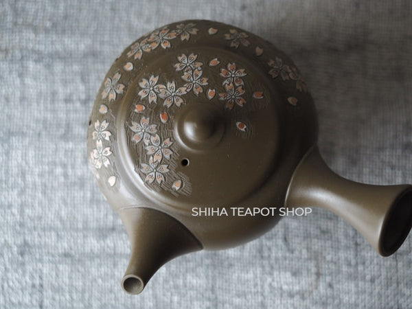 Shunen II Double Wall Lacy Sakura Green Clay Kyusu Teapot SH56