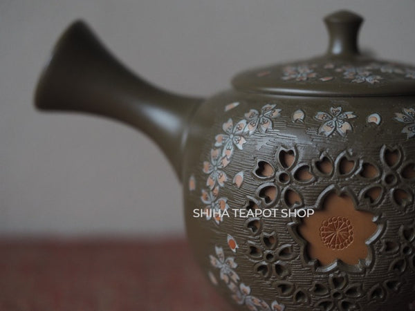 Shunen II Double Wall Lacy Sakura Green Clay Kyusu Teapot SH56