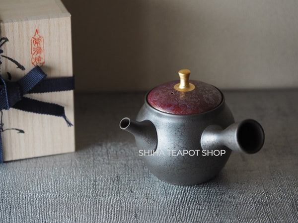 SHORYU Oil Drop Red & Gold Brocade Lid Kyusu Teapot  昭龍油滴  SR81