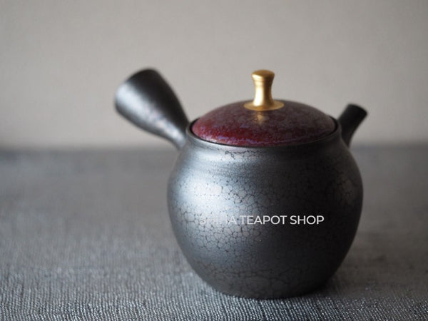 SHORYU Oil Drop Red & Gold Brocade Lid Kyusu Teapot  昭龍油滴  SR81