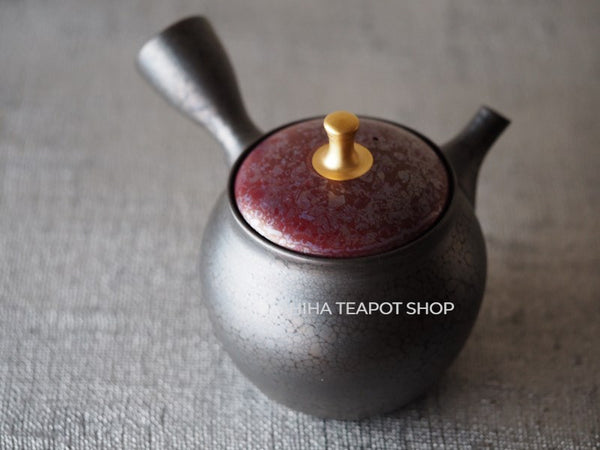 SHORYU Oil Drop Red & Gold Brocade Lid Kyusu Teapot  昭龍油滴  SR81