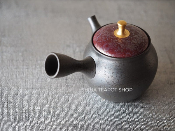 SHORYU Oil Drop Red & Gold Brocade Lid Kyusu Teapot  昭龍油滴  SR81