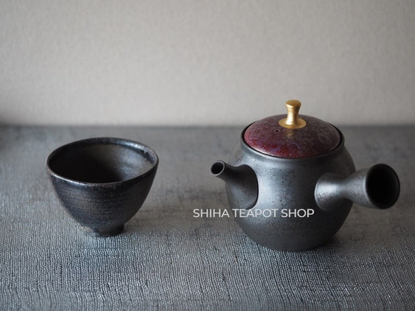 SHORYU Oil Drop Red & Gold Brocade Lid Kyusu Teapot  昭龍油滴  SR81