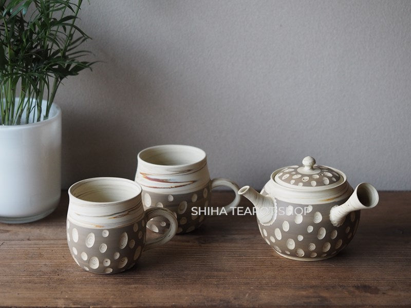 Tokoname Kenji Kiln White Clay DOTs Marble Kyusu Teapot with Mug Cups KN80