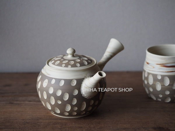 Tokoname Kenji Kiln White Clay DOTs Marble Kyusu Teapot with Mug Cups KN80