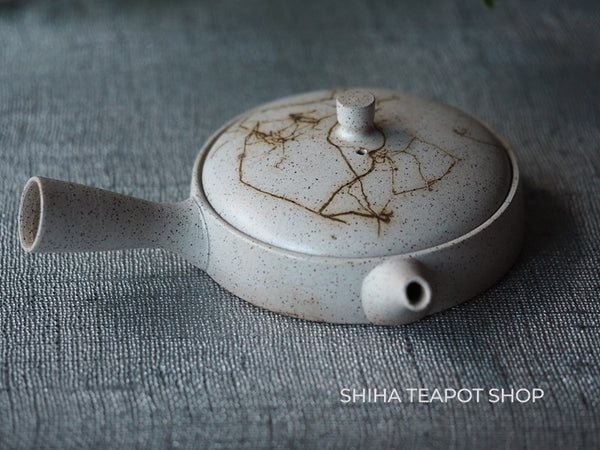 【Left Handed】JINSHU Flat White Mogake Seaweed  Tokoname Kyusu Teapot (Wood Box with artist's signature (certificate) ) 甚秋藻掛 JN18