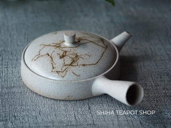 【Left Handed】JINSHU Flat White Mogake Seaweed  Tokoname Kyusu Teapot (Wood Box with artist's signature (certificate) ) 甚秋藻掛 JN18