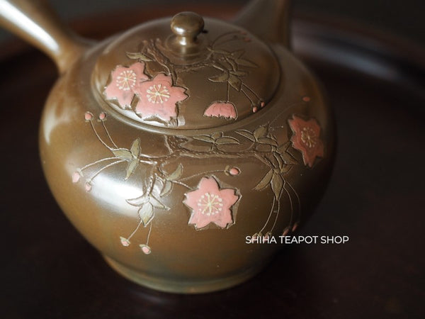 Umehara Soukou　SK09 Red Clay Kyusu Tea Pink Flower 【Vintage Japanese Teapot - Unused】