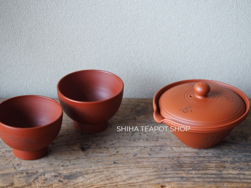 【Sold Out】TOGEN Authentic Red Clay SHIBO Shiboridashi and Mat Plate with 2 cups 陶元本朱泥絞出 TG10