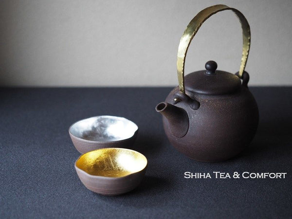 Jinshu Shell Gold Metal Handle Brown Teapot 甚秋