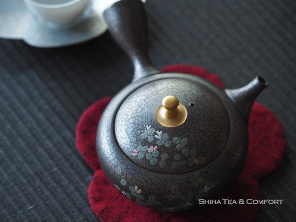 SHORYU, Flower Tenmoku Oil Drops Teapot Gold lid knob 昭龍萩花 （Made in Tokoname Japan）