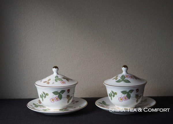 WEDGWOOD Japanese Style Pair Tea Cups  & Saucers Wild Strawberry