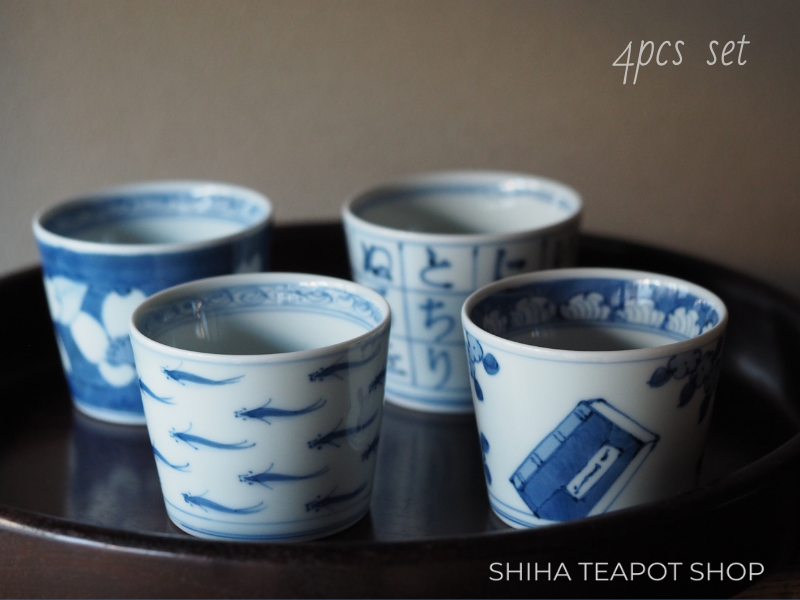 Japan Arita  Blue & White Porcelain Hand-Paint Traditional Art Cup Set 4 pcs
