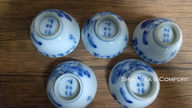 Antique Blue & White Porcelain Sencha Tea Cup Set 5 pcs 古董瓷杯