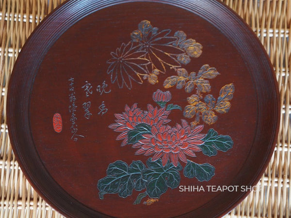 Japanese Vintage Wood Carving Chrysanthemum Tea Tray 29㎝  1970 Used