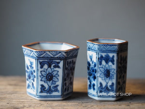 Senchado Bonkin Chakin Holder Set Blue & White Porcelain Bird &Flower FL01