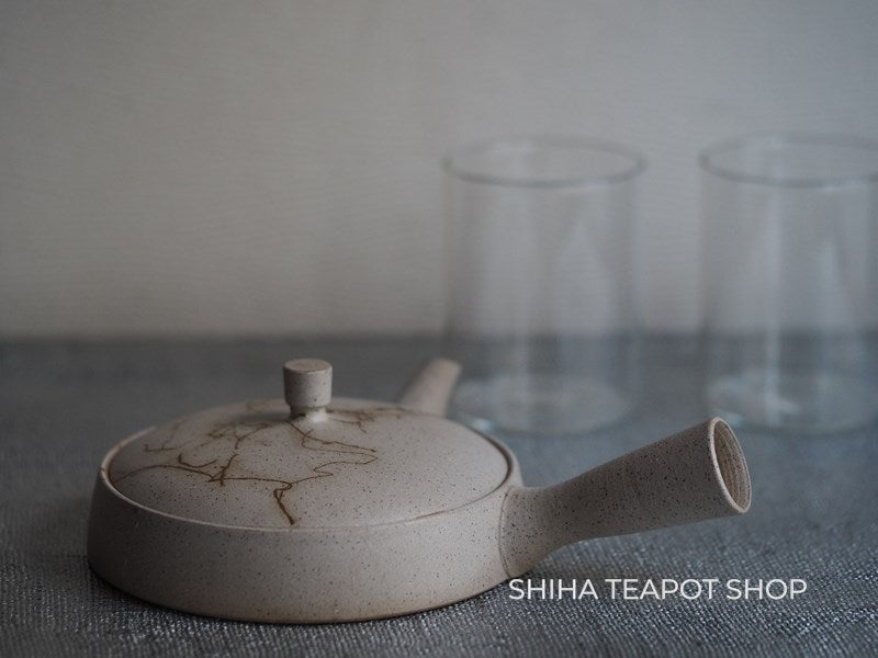 【Left Hand】JINSHU Flat White Mogake Seaweed Tokoname Kyusu Teapot 甚秋藻掛 JN27