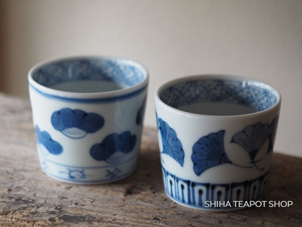 Japan Arita High-End Hand Paint Blue & White Porcelain Ginko Pine Tree Cup Pair 2 pcs (High-End model)