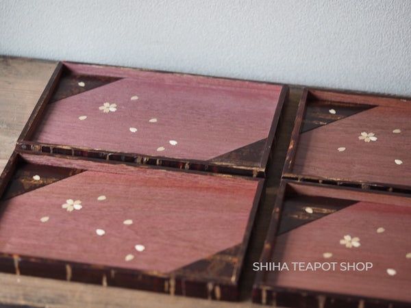 Teatime Small Tray & Fork Set 4pcs / Japan Tree Bark Wood Craft  Sakura Petal