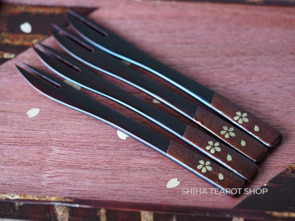 Teatime Small Tray & Fork Set 4pcs / Japan Tree Bark Wood Craft  Sakura Petal