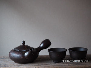 KOSHIN Persimmon Black Red Marble Seaweed Flat Kyusu Teapot Set  香臣柿大理石 （Made in Tokoname Japan）KS76