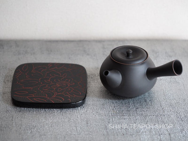Wajima Lacquer Black Urushi Peony Engrave Teapot Mat Mini Tray