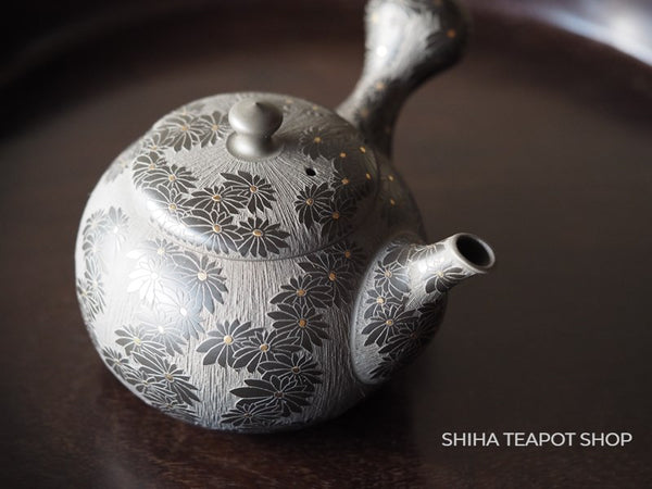 Morishita Munenori Full Body Hand-carving  Chrysanthemum Gold Black Teapot （Tokoname ）森下宗則