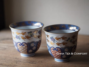 Japanese Porcelain Blue & Gold Bird Sencha Tea Cups Set 5 pcs