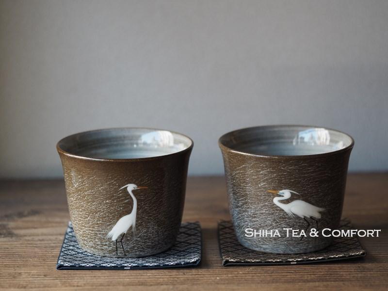 Hand-paint  Egret Pair Cup, Yokoishi Gagyu of Utsutsugawa-yaki 現川焼臥牛窯